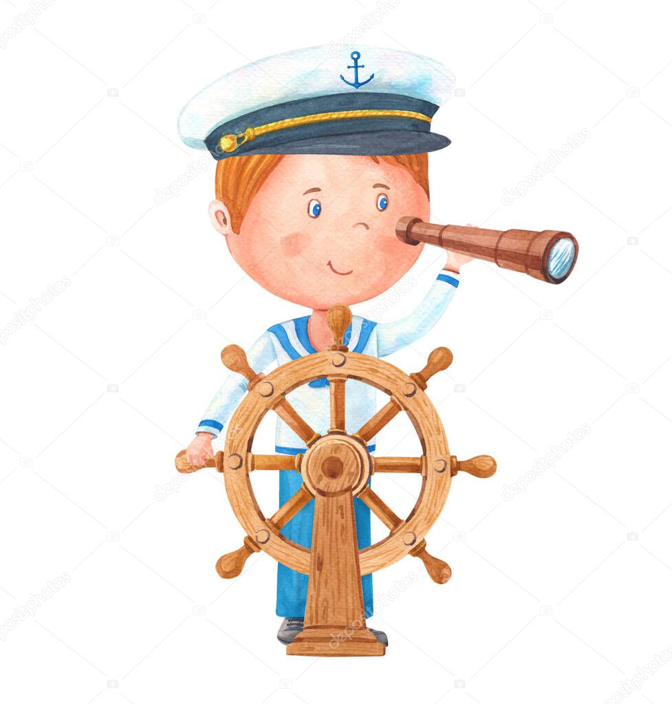The little captain at the wheel.A cute cartoon boy in a sailor suit with an anchor on his cap looks through a telescope