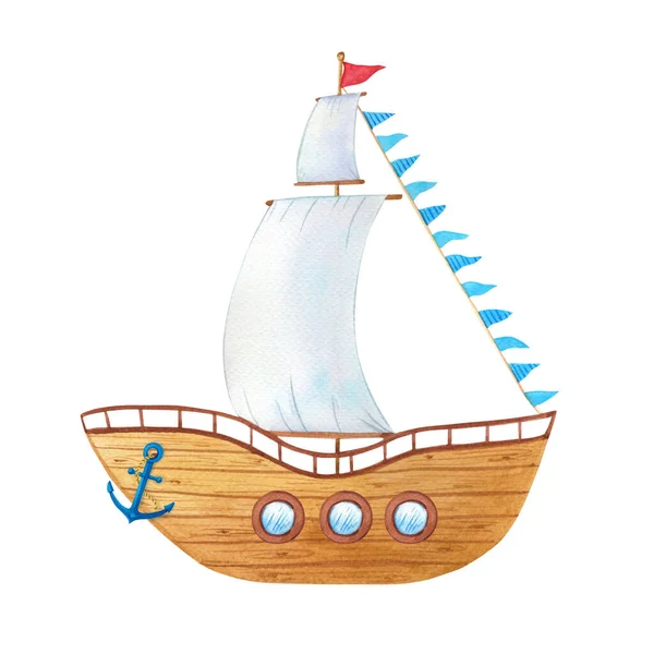 Aquarel houten schip met zeilen, vlaggen en anker.Geïsoleerde cartoon afbeelding van een zeeschip op een witte achtergrond. — Stockfoto