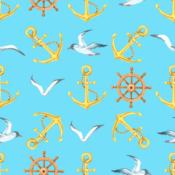 Aqucolor marine seamless pattern with a Seagull, anchor, and steering wheel.Watercolour summer illustration — стоковое фото