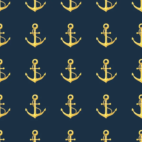 Akwarela żeglarski wzór bez szwu z żółtą kotwicą na ciemnym tle. Odcisk akwareli na morzu — Zdjęcie stockowe