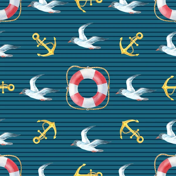 Watercolor marine seamless pattern with a Seagull, anchor, and Lifebuoy.Watercolour summer illustration — Stock Photo, Image