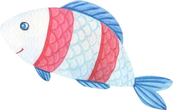 Roztomilé akvarel kreslené ryby s červenými pruhy. Akvarel izolovaný obraz na bílém pozadí. — Stock fotografie