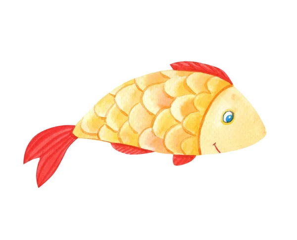 Akvarel světlé zlaté rybky Izolované na bílém pozadí. Krásná legrační kreslený postava. — Stock fotografie