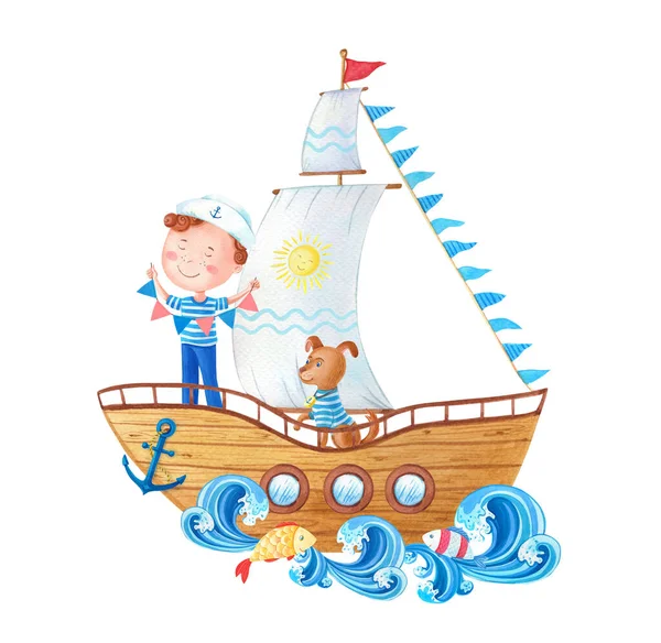 El pequeño marinero con banderas y perro en un barco de madera.Un lindo niño de dibujos animados en un traje marino. — Foto de Stock