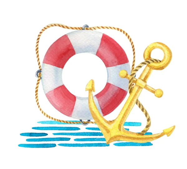 Akwarela Lifebuoy, błękitna fala morska i żółta kotwica. Marine skecz na białym tle. — Zdjęcie stockowe