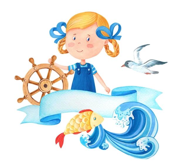 Aquarel Cartoon Schattig Zeeman Meisje Een Zee Pak Little Kapitein — Stockfoto
