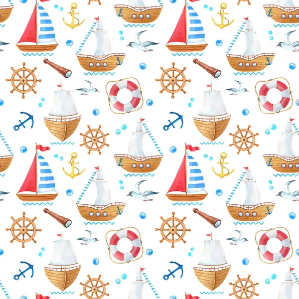 Watercolor marine seamless pattern with wooden ship, Seagull, anchor,Lifebuoy,steering wheel. — Stock Photo, Image