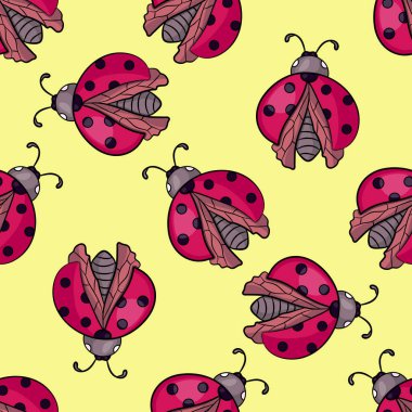 Çizgi film uğur böceği. Sarı arka planda kırmızı böcek. Basit bir desen. Çocuklar için vektör çizimi. Tekstil, kağıt, hatıra defteri için yazdır. Resim,