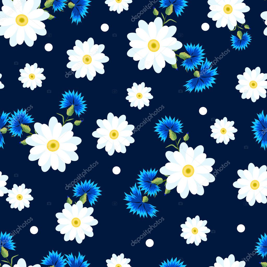 Seamless pattern with small and big white daisies and blue cornflowers on a white background. Wild, flowers.Summer vector illustration.Print for fabric,textile,wrapping paper.