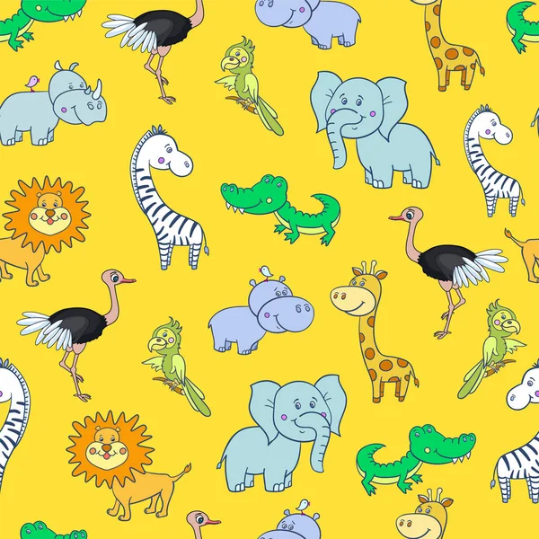 Şirin gülümseyen zürafa, zebra, timsah, fil, papağan, aslan, tüylü devekuşu desenli.