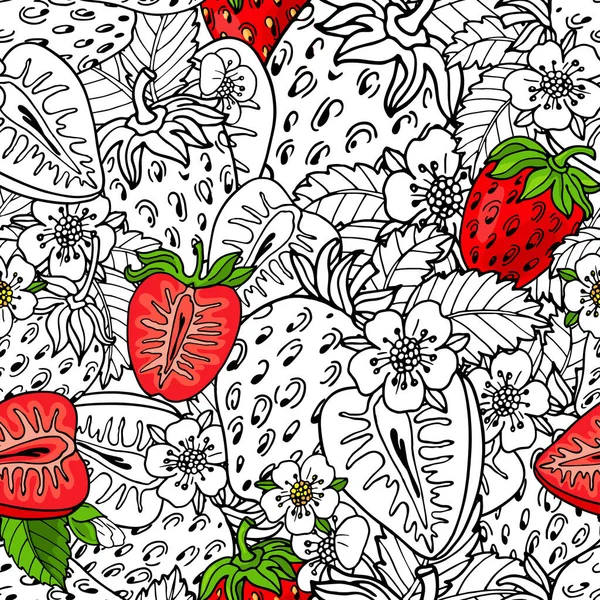 Red cuty fresh strawberry fruits,green leaves and black contour on white background.Vector seamless pattern.Bright hand drawn summer illustration for print,textile,fabric,wrapping paper.
