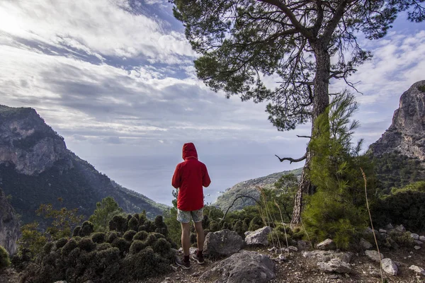 Mann auf der Klippe in den Bergen über dem Meer — Stockfoto