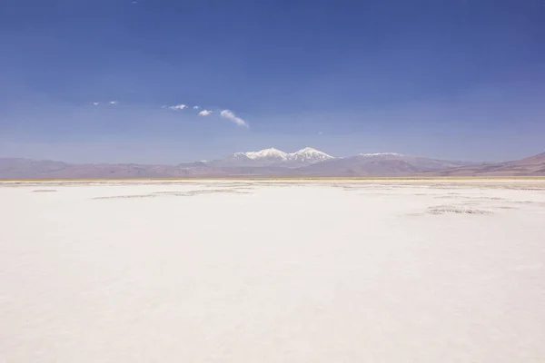 Salina bianca di laguna rossa nel deserto di atacama circondata da alte cime — Foto Stock