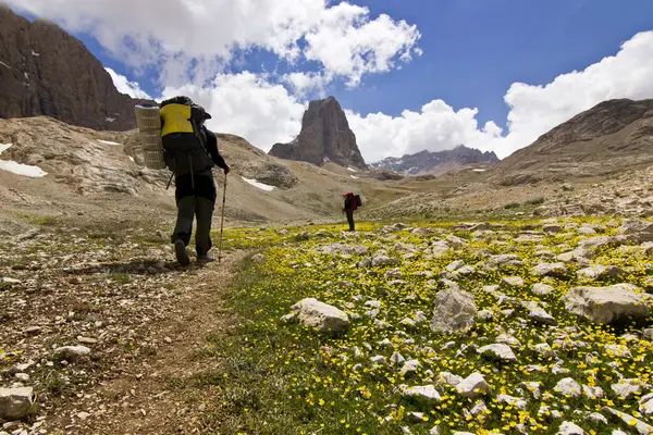 Hiker on green field with big rock in Turkey mountains — Stock Photo, Image