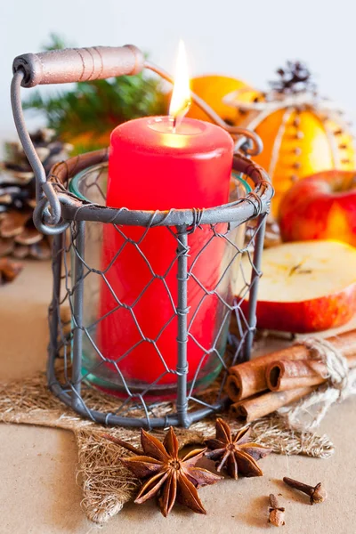 Traditional Czech christmas - lantern decoration with candle and spices. Homemade decoration. — Stock Photo, Image