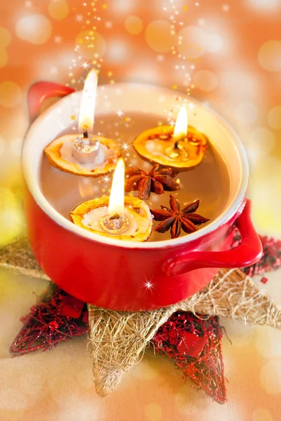 Traditional Czech christmas - homemade decoration - nuts boats with candles and spice in a bowl — Stock Photo, Image