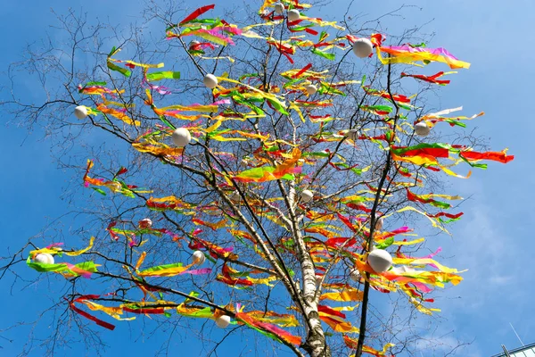 Decoración tradicional checa de Pascua - abedul decorado (Betula pendula) con cintas de colores y huevos pintados - símbolo rural de las vacaciones de Pascua —  Fotos de Stock