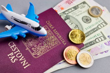 Çek pasaportu, yabancı para birimi, para banknot ve modeli bir uçağın - hava yoluyla ulaşım