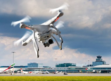 Vaclav Havel International airport, Ruzyne,Prague, Czech republic - illustrative photo with flying drone clipart