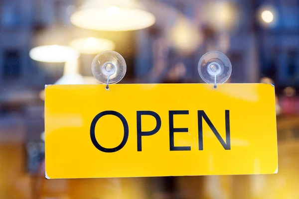 Information signs - open schedule on the restaurant shop window - working hours — Stock Photo, Image