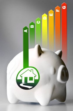 Enerji verimliliği etiketi house için / Isıtma ve para tasarruf - piggy banka gri arka plan üzerinde