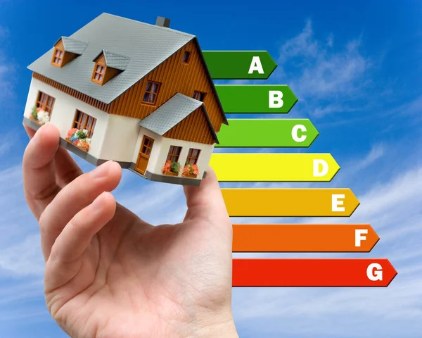 Etichetta di efficienza energetica per casa / riscaldamento e risparmio di denaro - modello di casa in mano — Foto Stock