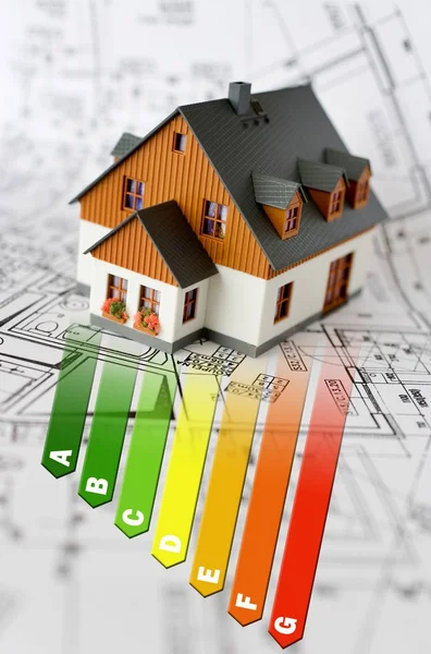 Etichetta Efficienza Energetica Casa Riscaldamento Risparmio Denaro Modello Casa — Foto Stock