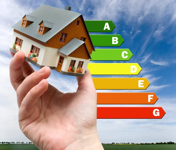 Etichetta di efficienza energetica per casa / riscaldamento e risparmio di denaro - modello di casa in mano — Foto Stock