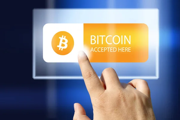 Virtual money Bitcoin cryptocurrency - Bitcoins accepted here — Stock Photo, Image