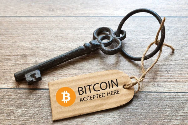 Віртуальні гроші Bitcoin cryptocurrency - Bitcoins прийматися тут — стокове фото