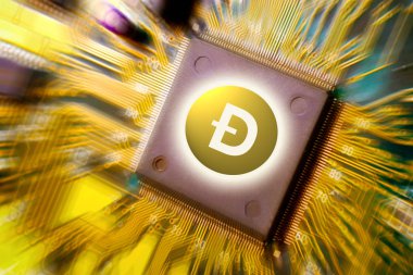 Sanal cryptocurrency ve blockchain - mali para - teknoloji ve internet kurulu araştırma devre ve Dogecoin (Doge sikke)
