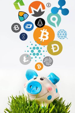 Sanal cryptocurrency - mali teknoloji ve internet para - kumbara ve sikke işaretleri 