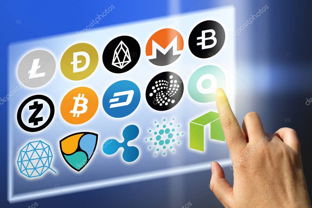 Virtual cryptocurrency - financial technology and internet money - exchange rates and coin signs