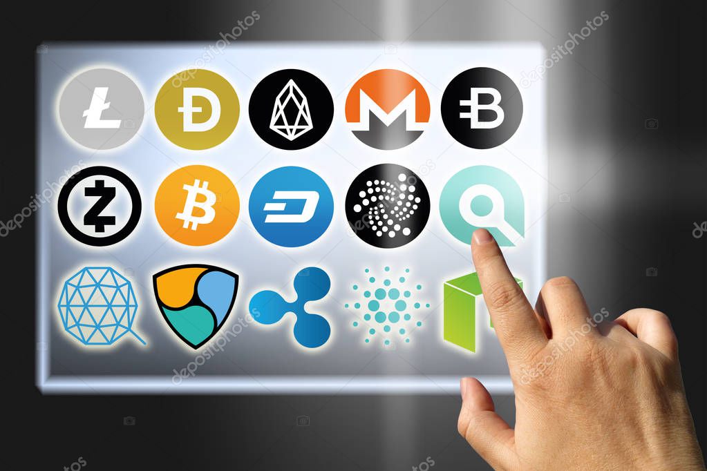 Virtual cryptocurrency - financial technology and internet money - exchange rates and coin signs