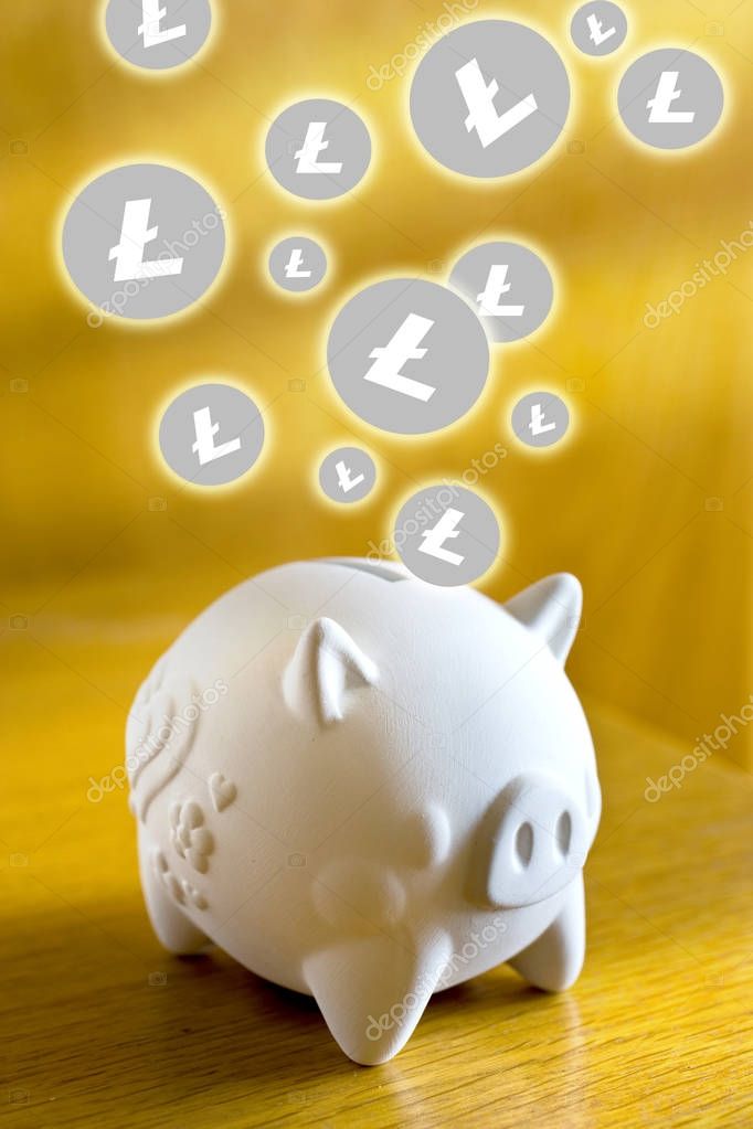 Virtual cryptocurrency - financial technology and internet money - piggy bank and coin sign of Litecoin LTC