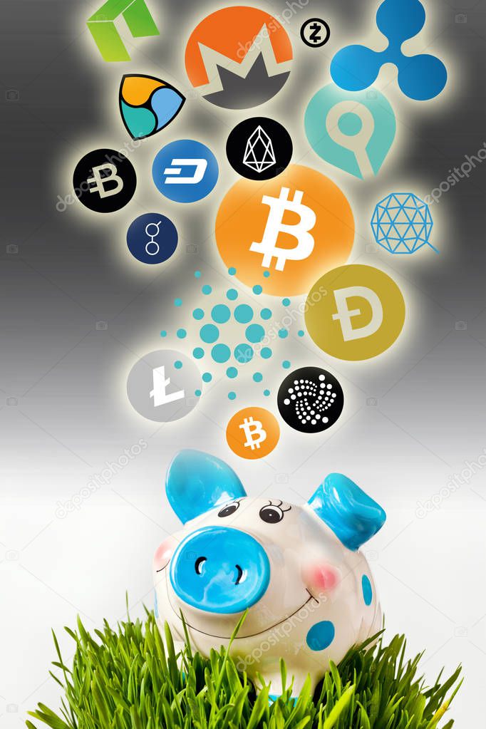 Virtual cryptocurrency - financial technology and internet money - piggy bank and coin signs