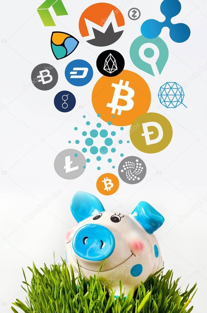 Virtual cryptocurrency - financial technology and internet money - piggy bank and coin signs