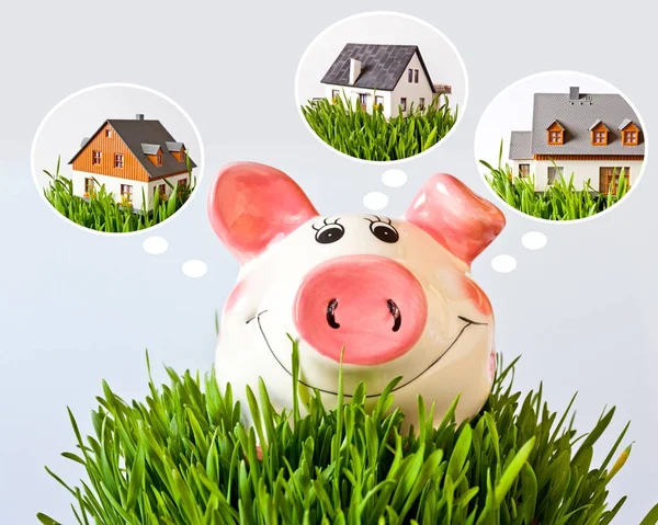 Wirtschaft und Finanzen - Sparschwein mit Traumhaus - Ersparnisse für ein neues Haus — Stockfoto