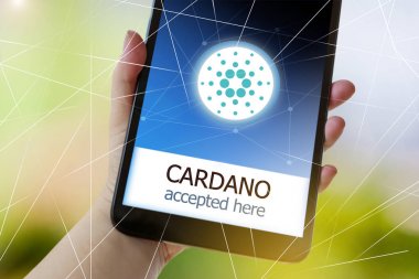 sanal para cryptocurrency bir el - smartphone ekranında Cardano burada kabul
