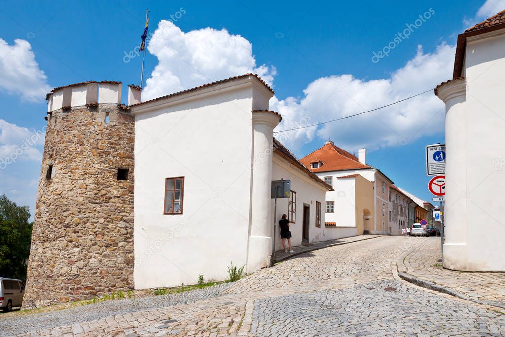 gate and medieval fortification, town Pisek, Czech republic  tow