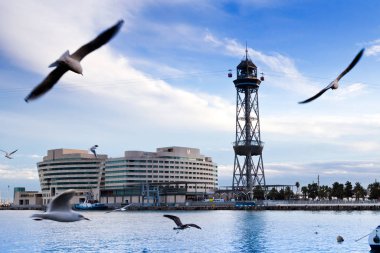 World Trade Center and cableway, Barceloneta Beach, Barcelona, Spain