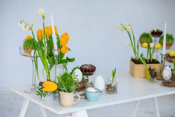 Easter spring decor with fresh yellow flowers, traditional panettone, natural nest with eggs on a wooden white table in a white room, daylight. For greeting card. Place for text