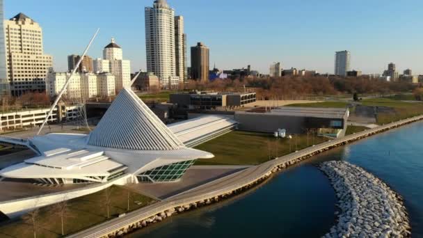 Vista Aérea Ciudad Americana Amanecer Edificios Gran Altura Autopista Bahía — Vídeos de Stock