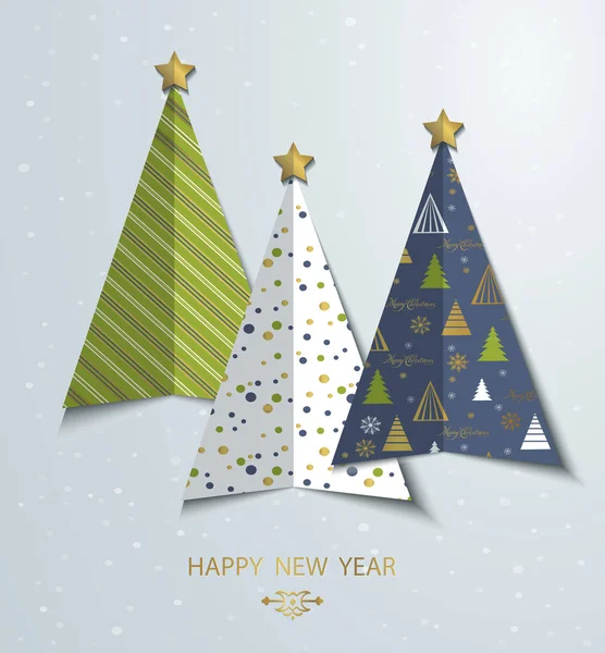 Färgglada sylized julgran gratulationskort bakgrund. Nya året formgivningsmall. Merry Christmas tree vektorform med guldstjärna. — Stock vektor