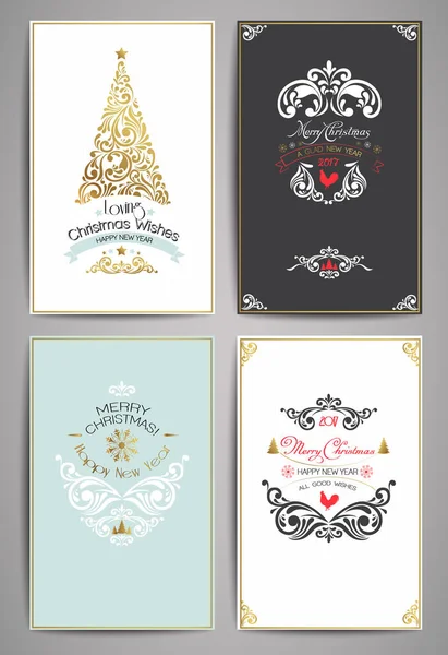 Tarjetas de felicitación de vacaciones adornadas. Adornos dorados y elementos tipográficos, etiquetas vintage, marcos, cintas. Elementos de diseño Feliz Navidad y felices fiestas deseos tipográficos. Ilustración vectorial . — Vector de stock