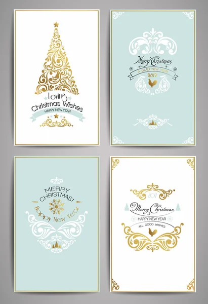 Cartes de vœux des fêtes décorées. Ornements dorés et éléments typographiques, étiquettes vintage, cadres, rubans. Eléments de design joyeux noël et vœux de bonnes fêtes typographiques. Illustration vectorielle . — Image vectorielle