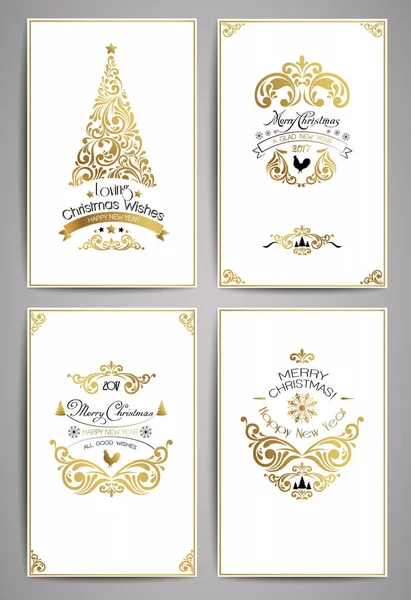 Ornate holidays greeting cards. Golden ornaments and typographic elements, vintage labels, frames, ribbons. Design elements merry christmas and happy holidays wishes typographic. Vector illustration. — Stock Vector