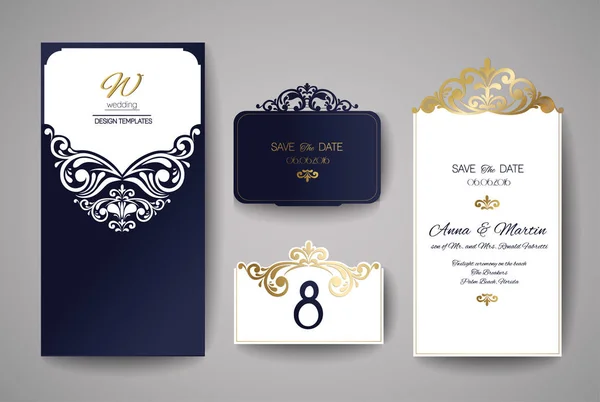 Invitación a la boda o tarjeta de felicitación con adorno floral dorado. Sobres de invitación de boda para corte por láser. Ilustración vectorial . — Vector de stock