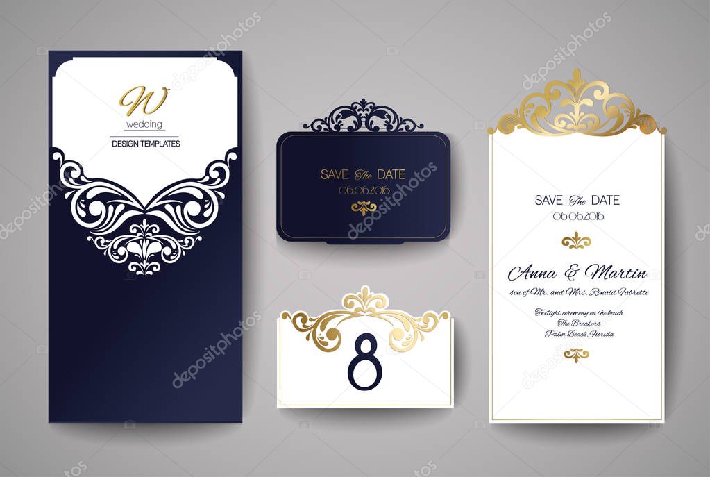 Wedding invitation or greeting card with gold floral ornament. Wedding invitation envelope for laser cutting. Vector illustration.