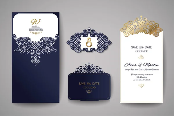 Invitación a la boda o tarjeta de felicitación con adorno floral dorado. Sobres de invitación de boda para corte por láser. Ilustración vectorial . — Vector de stock